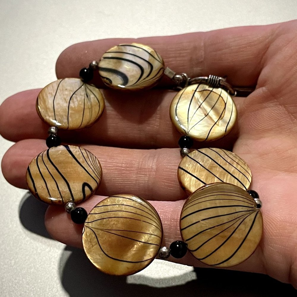 Vintage Donna Dressler Mother=of-Pearl Flat Beaded Disc Bracelet